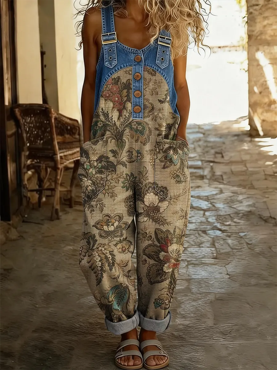 Women's Vintage Floral Print Artistic Washed Cotton Denim Patchwork Jumpsuit